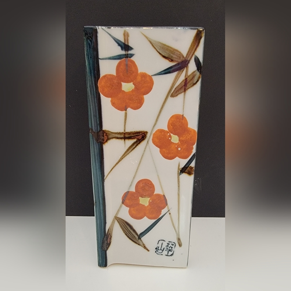 Vintage Kazan Yaki Porcelain rectangle Bamboo & Blossom 7"×3" Vase